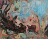 Figures resting on tree trunk